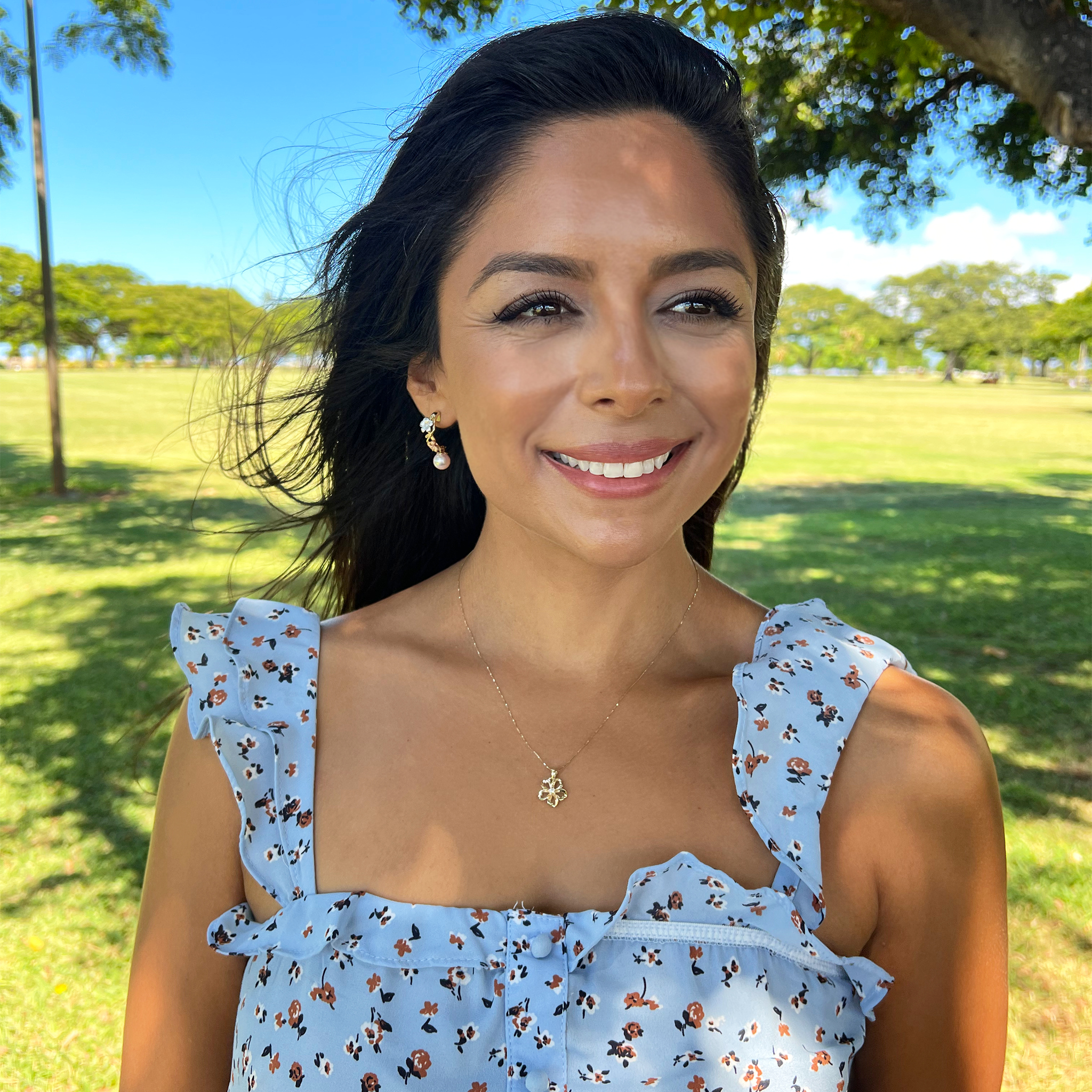 A woman wearing Pearls in Bloom Plumeria Akoya White Pearl Earrings in Tri Color Gold with Diamonds - Maui Divers Jewelry
