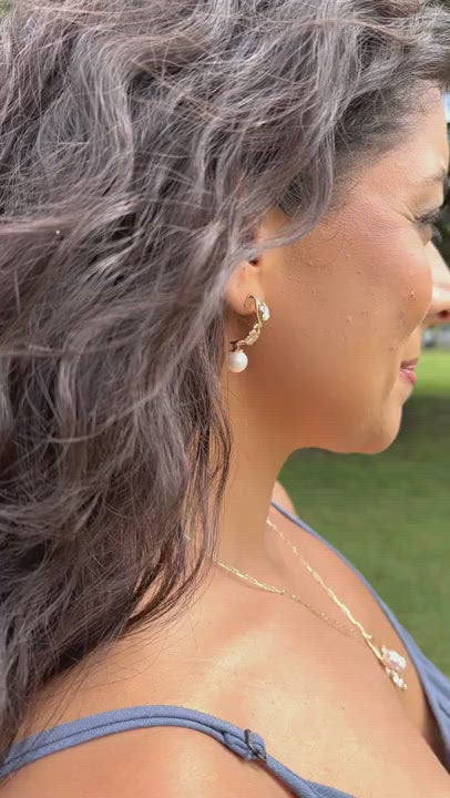 Video of a woman wearing Pearls in Bloom Plumeria Akoya White Pearl Earrings in Tri Color Gold with Diamonds - Maui Divers Jewelry